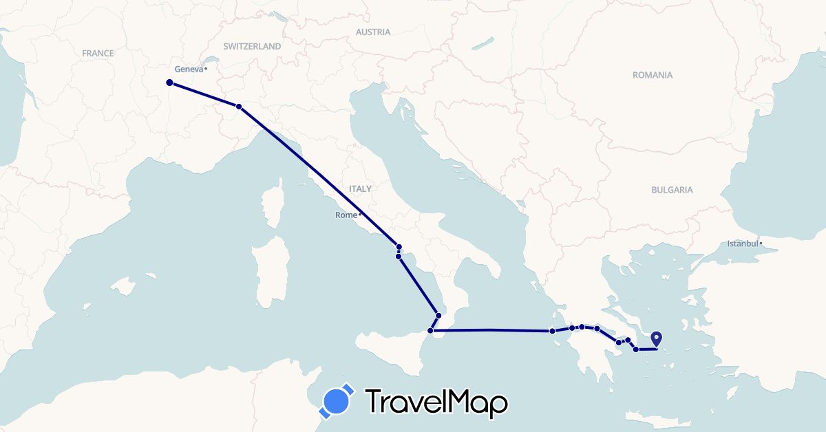 TravelMap itinerary: driving in France, Greece, Italy (Europe)